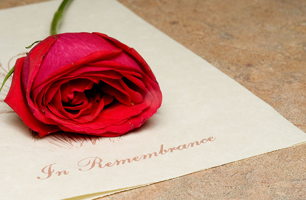 a rose sits on top of a booklet showing the words ‘In Remembrance